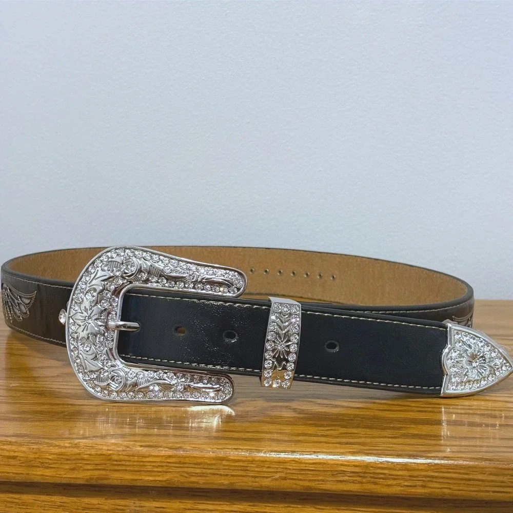 Nocona Belt Co Womens‎ Black Rhinestone Angel Wing Cross Western Belt N3490801 L